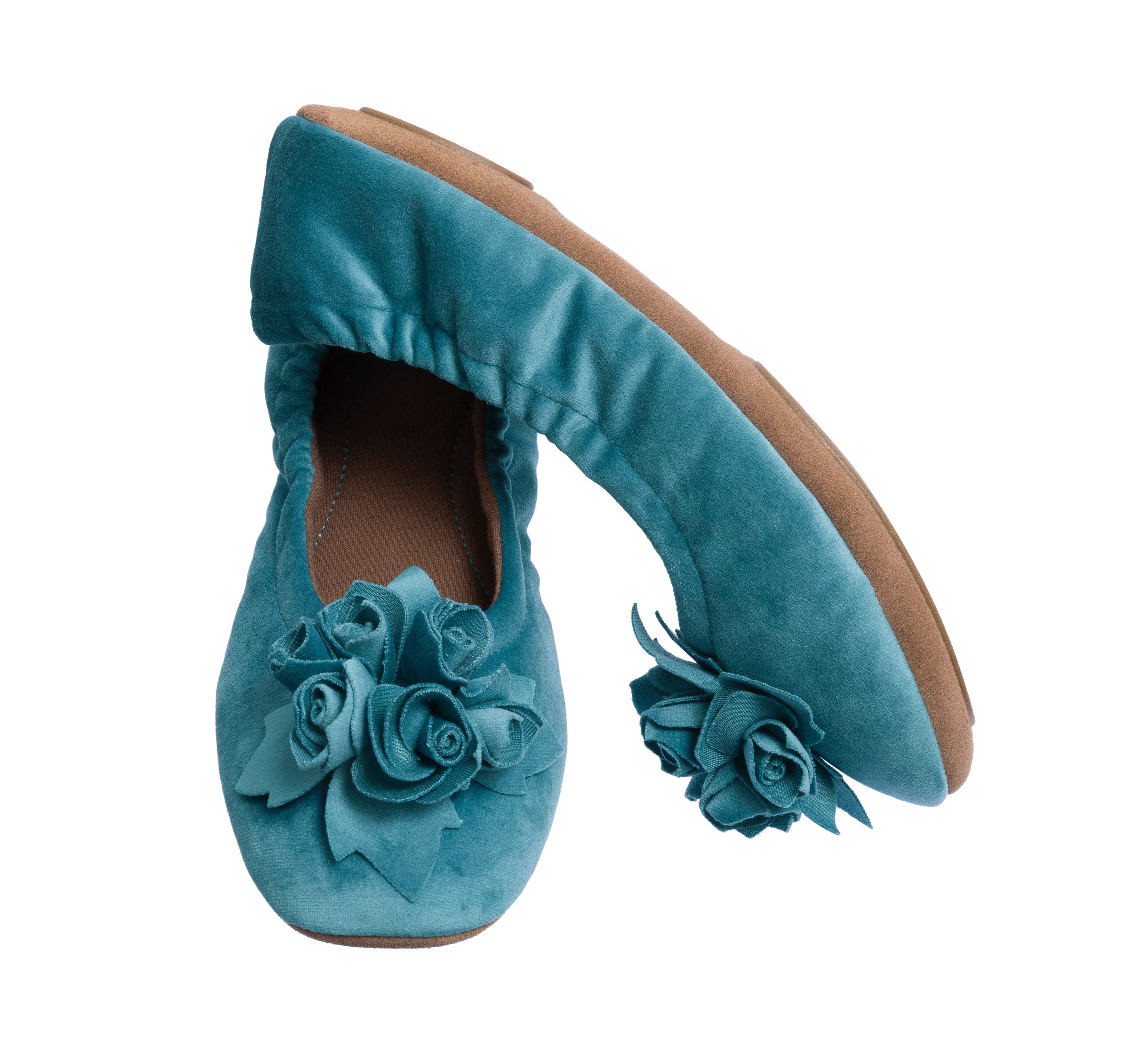 pampuschen Hausschuhe Ballerinas in Samt mit Jerseyfutter in der Farbe smaragd in Seitenansicht