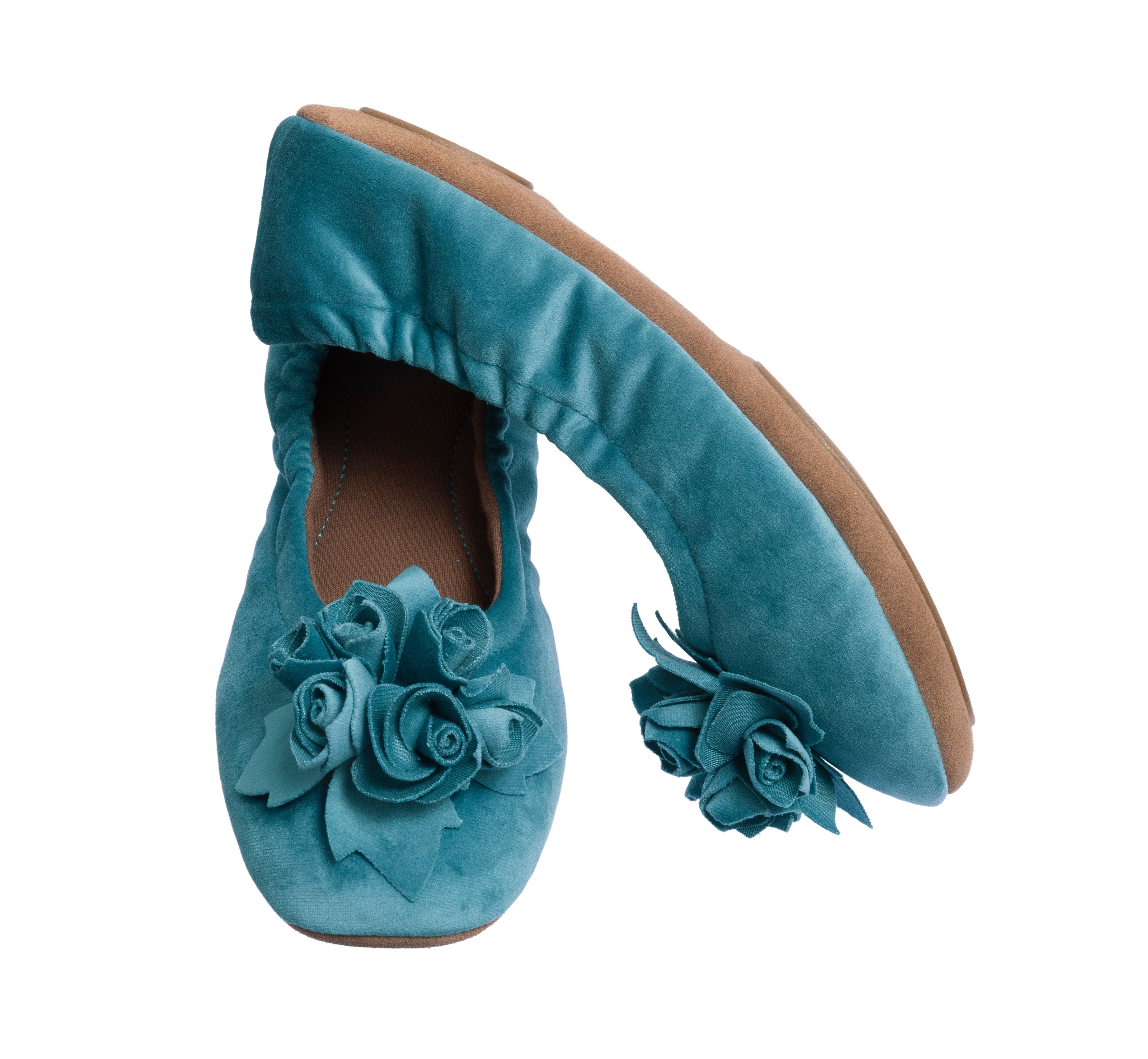 pampuschen Hausschuhe Ballerinas in Samt mit Jerseyfutter in der Farbe smaragd in Seitenansicht