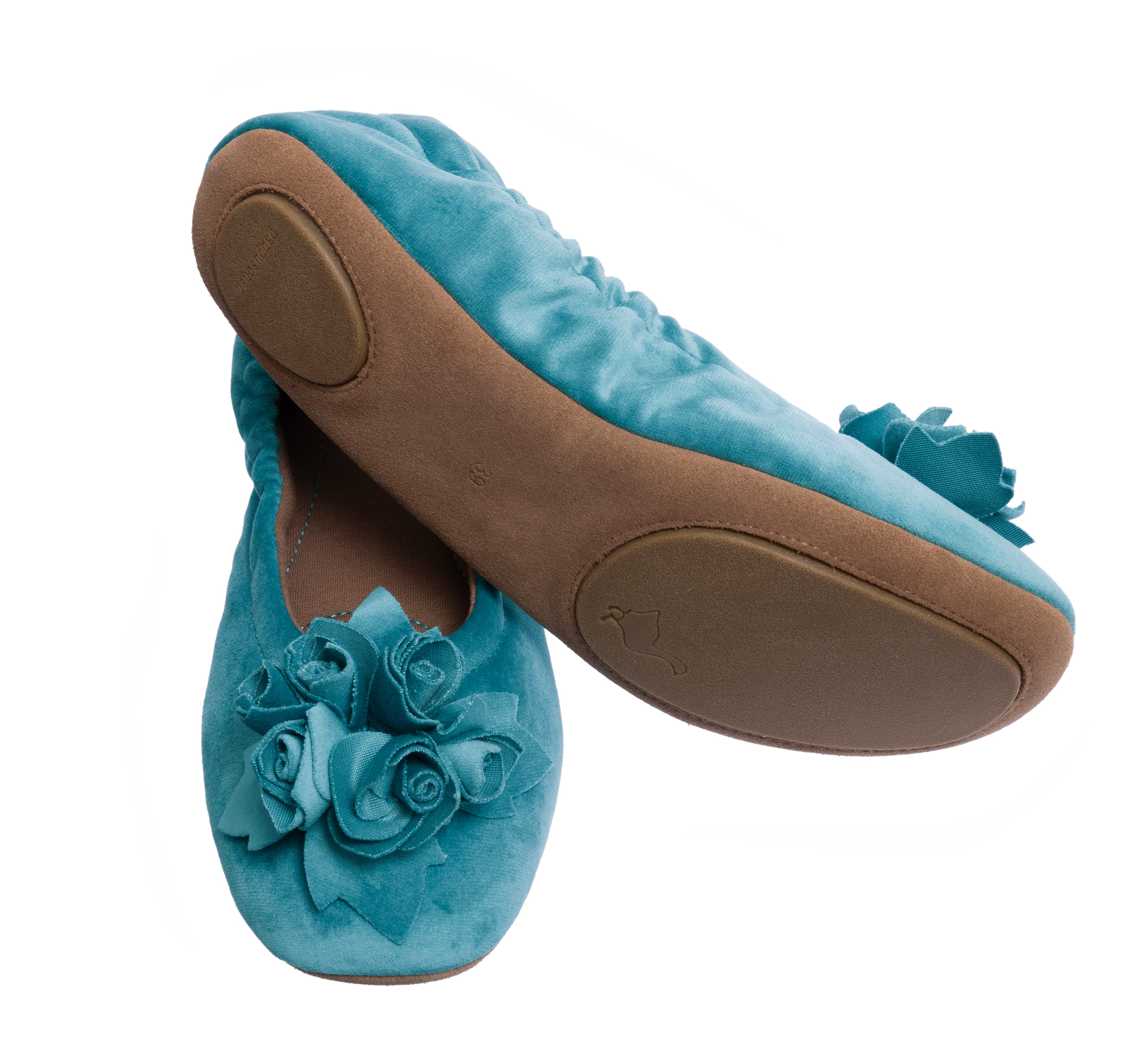 pampuschen Hausschuhe Ballerinas in Samt mit Jerseyfutter in der Farbe smaragd in Sohlenansicht